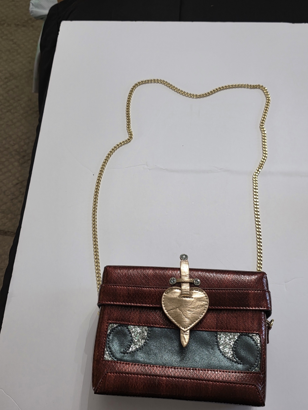 Burgundy Leather Crossbody Bag with Gold Heart Accent